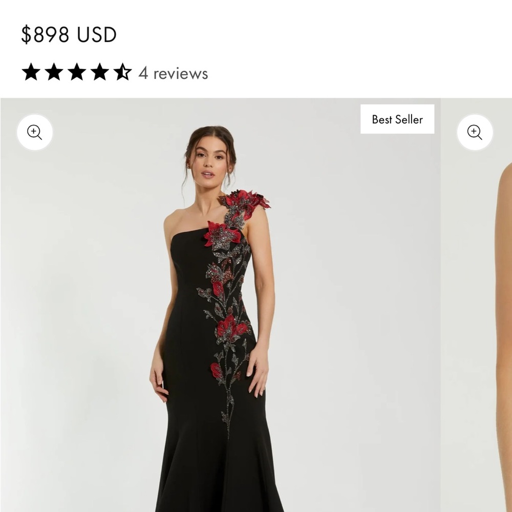 Mac Duggal Black One-Shoulder Dress with Red Floral Design